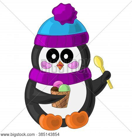 Penguin With Ice Cream In Cartoon Style