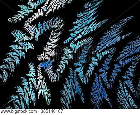Blue And White Zigzags Cross The Black Background. Abstract Fractal Background Similar To The Skin O