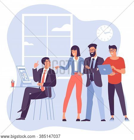Young People, Men And Women Taking Part In Business Meeting, Negotiation, Brainstorming, Talking To 
