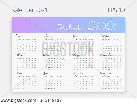 2021 Calendar In German. Week Starts On Sunday. Vector Editable Template. Vertical Web, Poster, Bann
