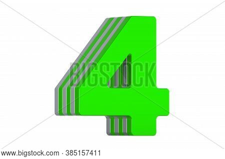 Green Number 4, Layered Font. 3d Rendering Isolated On White Background