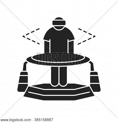 Virtual Reality Platform Black Glyph Icon. Man In Vr Helmet Gaming On Platform. Cyberspace, Simulati