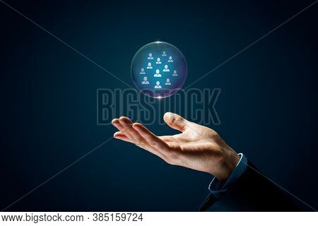 Catch Dream Team Human Resources Concept. Hand With Soap Bubble (symbol Of Dream) With Group Of Busi
