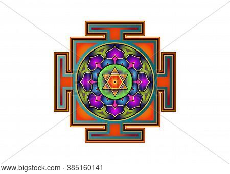 Bagalamukhi Yantra Mandala, Colorful Sacred Tibetan Diagram The Vital Energy. Hinduism Bhuvaneshwari