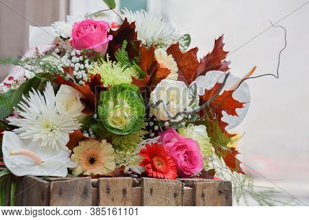 Autumn Bouquet With Bright Burgundy Oak Leaves, Pink And White Roses, White Chrysanthemum Oops, Oran