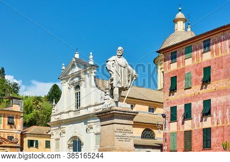 Old square with monument to Giuseppe Garibaldi in Chiavari town near Genoa, Liguria