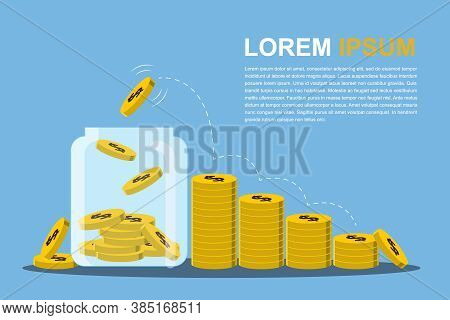 Vector Illustration. Jar With Coins Stack Growth Financial, Save Money And Investment Concept