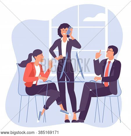 Young People, Men And Women Taking Part In Business Meeting, Negotiation, Brainstorming, Talking To 