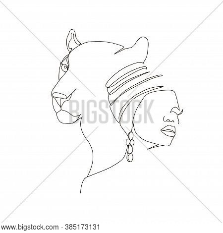 Continuous Line Art Or One Line Drawing. African Woman And Leopard Vector Illustration, нuman And An
