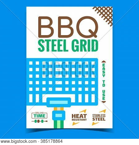 Bbq Steel Grid Creative Advertising Poster Vector. Barbeque Metallic Grid, Equipment For Fry Meat, F