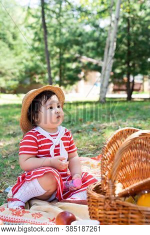 Cute Little Baby In A Red Dress And Srtaw Hat On A Picnic In The Park