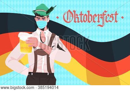 Man Holding Beer Mugs Oktoberfest Party Festival Celebration Waiter Wearing Mask To Prevent Coronavi