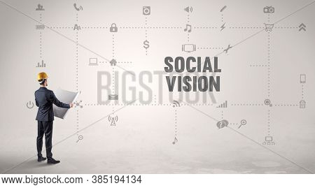 Engineer working on a new social media platform with SOCIAL VISION inscription concept