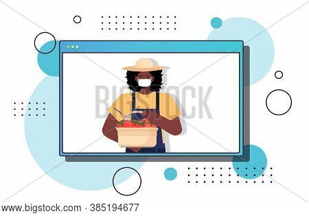 Female Farmer Holding Box With Fresh Apples Wearing Mask To Prevent Coronavirus Pandemic Self Isolat
