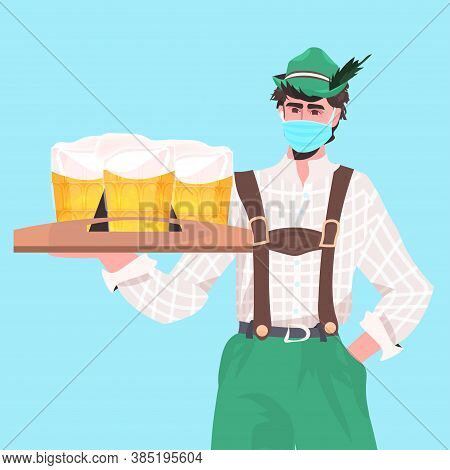 Man Holding Beer Mugs Oktoberfest Party Festival Celebration Waiter Wearing Mask To Prevent Coronavi