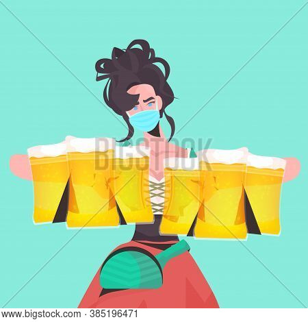Woman Holding Beer Mugs Oktoberfest Party Festival Celebration Waitress Wearing Mask To Prevent Coro