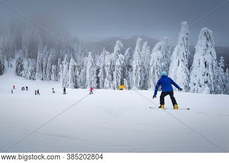Beautiful Snow Covered Trees And Fantastic Winter Ski Resort. Active Skiers And Snowboarders Skiing 