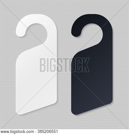 Door Hangers For Hotel Room. Empty White And Black Label Hanger For Hotel Room Or Resort . Empty Tem