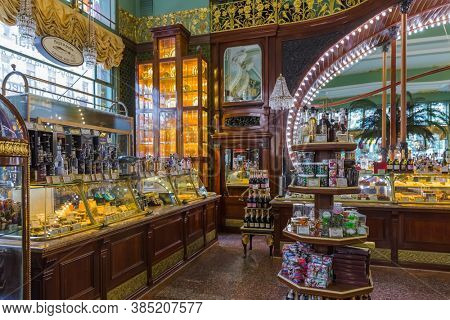 Saint-Petersburg, Russia - July 25, 2020: Interior of Eliseyev Emporium (Elisseeff brothers shop) on Nevsky Prospekt.