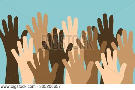 Multiracial Colorful Peoples Hands Raised In Support Or Cheering. Eps 10