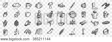 Autumn Doodle Set. Collection Of Hand Drawn Patterns Sketches Templates Of Pouring Rain Coat Mushroo