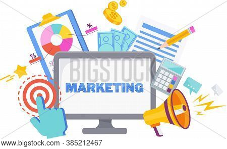 Four 4 Ps Marketing Mix Flat Vector Concept. Strategy And Management. Segmentation, Target Audience.