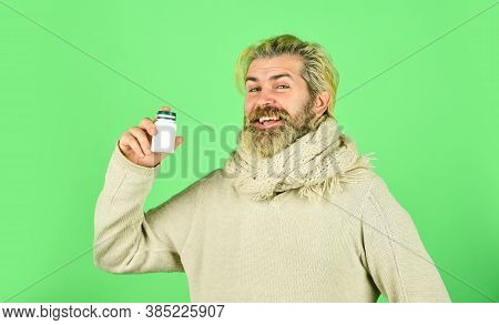 Medication You Need. Unhealthy Man Hold Pills Blister. Sick Male Take Anti Cold Pill. Vitamin Comple