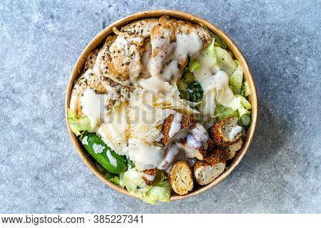 Healthy Organic Ceaser Salad With Chicken, Parmesan Cheese, Crouton Bread And Yogurt Mayonnaise Sauc