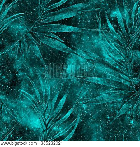 Tropical Seamless Pattern.  Turquoise Cosmic Background. Fashion Hand Drawn Texture. Tropical Seamle