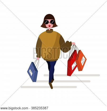 An Illustration Of A Woman With Colorful Shopping Bags. Shopping Concept. Big Sale.