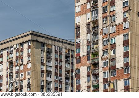 Sarajevo, Bosnia and Herzegovina - August 29, 2019: Residential buildings in Sarajevo with bullet holes and marks of the war in Sarajevo, BiH