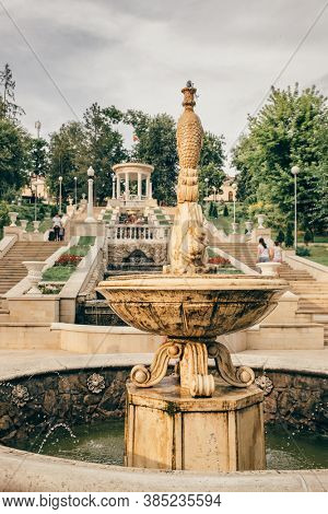 Chisinau, Moldova - June 23, 2019: Fountains and the cascading stairs near the Valea Morilor Lake in Chisinau at summer, Moldova.