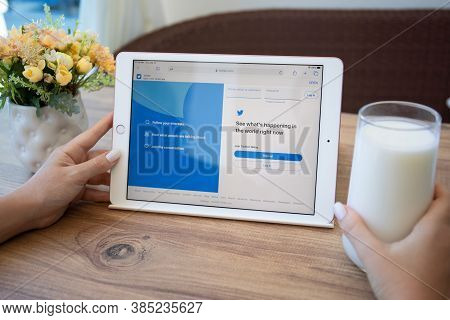 Alanya, Turkey - September 10, 2020: Woman Hand Holding Ipad 7 Gold On The Table With Social Network
