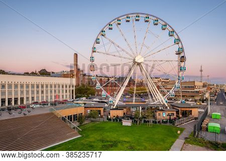 Helsinki, Finland - August 15, 2019: Observation wheel  at sunset in Helsinki, Finland.