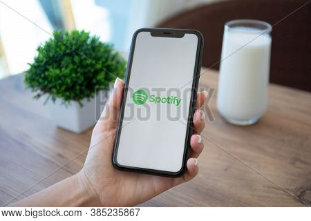 Alanya, Turkey - May 1, 2020: Woman Holding Iphone 11 With Music Service Spotify On The Screen. Ipho