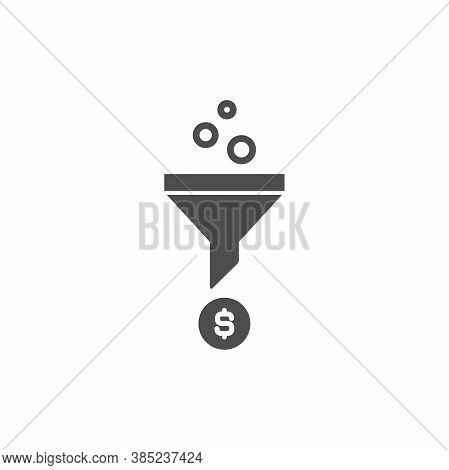 Black Data Filter Or Strainer With Filtering Circles And Dollar Sign. Flat Data Funnel Icon. Isolate