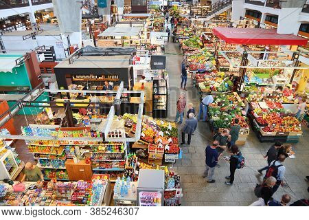 Wroclaw, Poland - May 11, 2018: Shoppers Visit Wroclaw Market Hall (hala Targowa) In Poland. The Ind