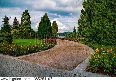 Picturesque Alley Along Blooming Roses In Italian Rose Garden On Flower Island Mainau On The Lake Co