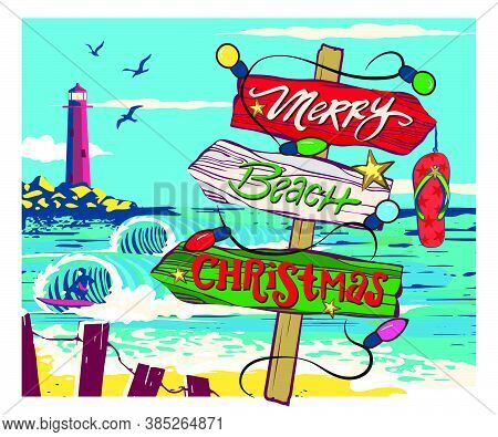Christmas Signs Beach, Christmas On The Beach, Comic Signs On The Beach, Tropical Vacation,