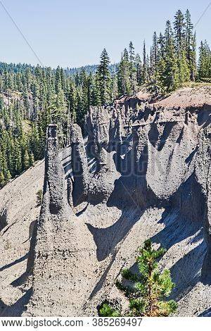 Closeup On The Pinnacles At The Crater Lake National Park, Oregon. After The Volcano Explosion, Very