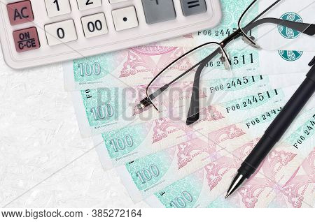 100 Czech Korun Bills Fan And Calculator With Glasses And Pen. Business Loan Or Tax Payment Season C