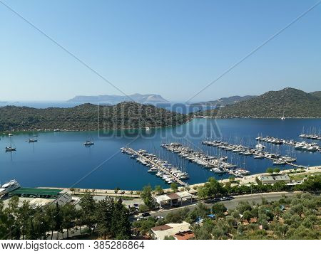 Lots Of Anchored Boats Waiting In The Yachts Marina Of Kastellorizo ​​island Also Known As Megisti, 