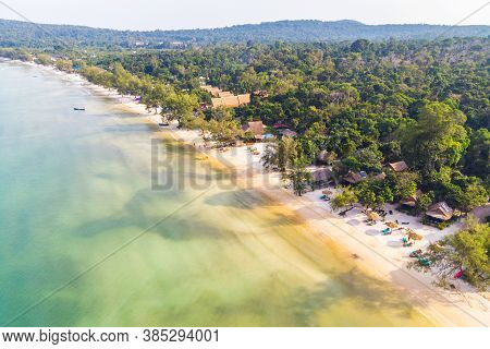 Coast Of Island Koh Rong Samloem, Cambodia. Long Deserted Beach With White Sand And Clear Water. Aer