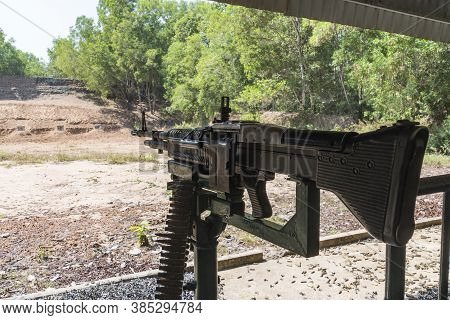Machine Gun Squad Automatic Weapon For People Shooting At Cu Chi Tunnels In Ho Chi Minh, Vietnam.