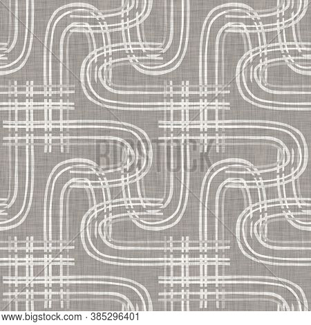 French Woven Linen Texture Geometric Shape Background. Old Ecru Flax Grey Geo Motif Seamless Pattern