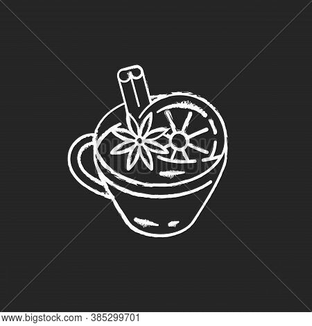 Mulled Wine Chalk White Icon On Black Background. Winter Holiday Hot Drinks. Hyggelig Atmosphere. Be