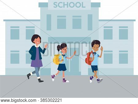 Social Distancing At School After Pandemic. Back To School Concept After Epidemic. Kids Wearing Face
