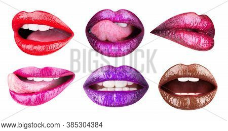 Colored Lip, Lipstick Or Lipgloss, Sexy. Collection Open Mouth. Bright Female Lips Collection Isolat