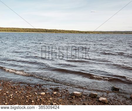 Huge Stones On The River Bank. Vuoksa River Near Imatra In The Leningrad Region, Russia. Coastline W