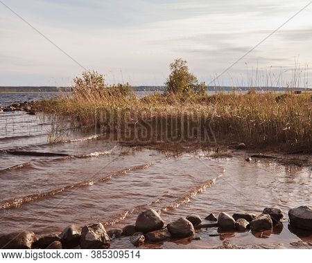 Huge Stones On The River Bank. Vuoksa River Near Imatra In The Leningrad Region, Russia. Coastline W
